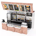Brick Food Counter With Menu Boards Pizza Displays Refrigerated Cases And Cash Register