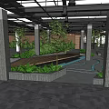 Shopping Mall Lobby Interior With Green Structure Large Glass Windows And Black Flooring