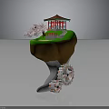 Floating Island Scene With Red Pavilion Green Grass Pink Cherry Blossom And Gears