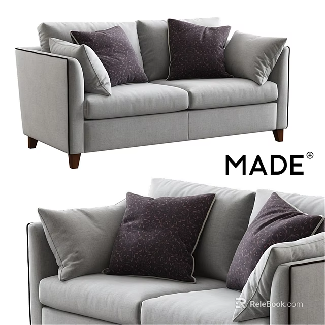 Light Gray Fabric Two Seater Sofa With Dark Purple Patterned Pillows And Wooden Legs 3d model 