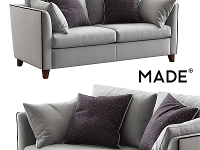 Light Gray Fabric Two Seater Sofa With Dark Purple Patterned Pillows And Wooden Legs 3d model
