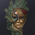 Ornate Intricate Venetian Mask With Peacock Feather Design And Gold Accents