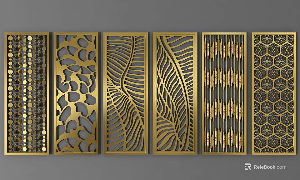 Golden Metal Decorative Partition Screens With Laser Cut Patterns And Various Designs 3d model 