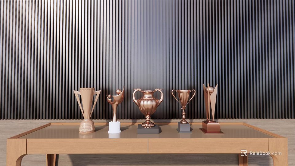 Various Trophies With Different Designs On Wooden Table Against Dark Vertical Striped Wall 3d model 
