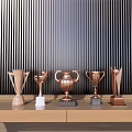 Various Trophies With Different Designs On Wooden Table Against Dark Vertical Striped Wall