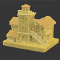Detailed Architectural Model House With Red Roof Tower Stone Exterior Staircase And Balcony