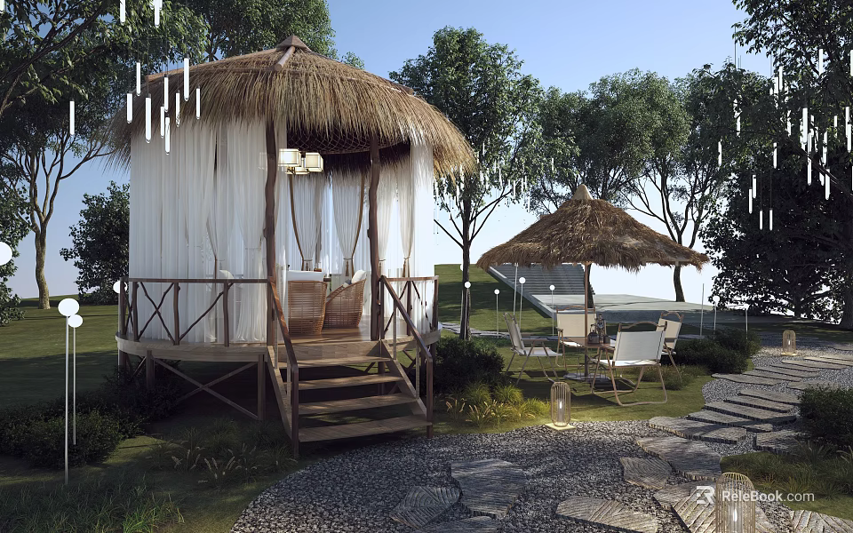 Rustic Thatched Hut With Wooden Stairs White Curtains And Outdoor Seating Surrounded By Trees 3d model 