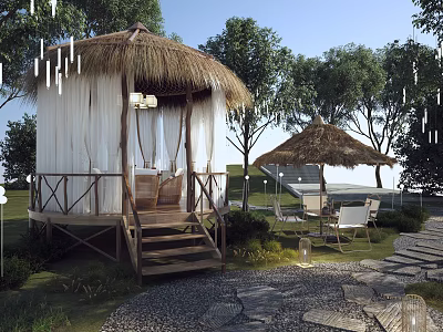 Rustic Thatched Hut With Wooden Stairs White Curtains And Outdoor Seating Surrounded By Trees 3d model