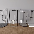 Modern Glass Enclosed Shower Systems With Various Designs And Wooden Herringbone Floor