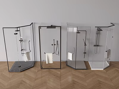Modern Glass Enclosed Shower Systems With Various Designs And Wooden Herringbone Floor 3d model