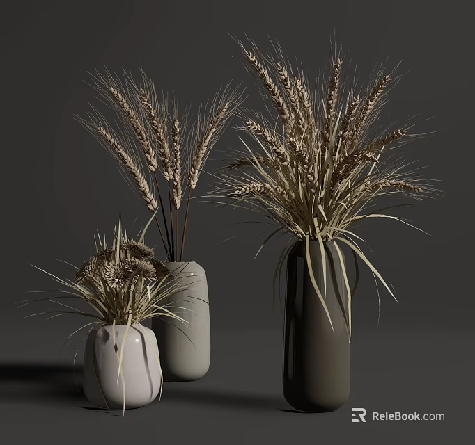 Minimalist Ceramic Vases With Dried Wheat Ears In White Gray And Dark Gray Styles 3d model 