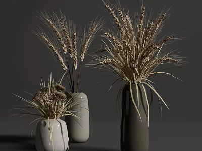 Minimalist Ceramic Vases With Dried Wheat Ears In White Gray And Dark Gray Styles 3d model
