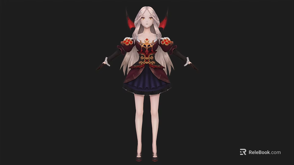 Woman With Long White Hair And Red Wings In Elaborate Purple Dress With Golden Decorations 3d model 