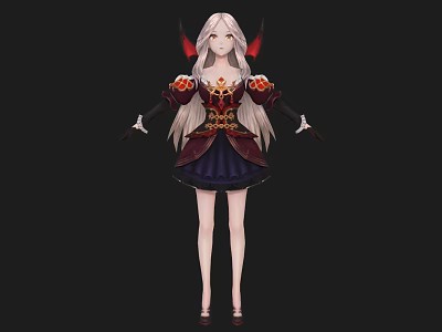 Woman With Long White Hair And Red Wings In Elaborate Purple Dress With Golden Decorations 3d model