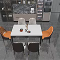 Dining Table Set With White Marble Tabletop Black Metal Legs And Multi Colored Leather Chairs
