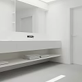 Modern Minimalist White Bathroom Interior With Double Sinks Towel Rack Mirror And Storage Cabinets