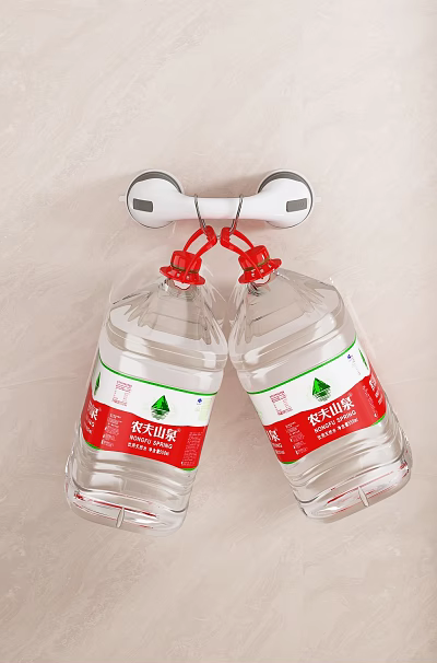 Durable Suction Cup Wall Hook Holding Two Large Nongfu Spring Water Bottles 3d model