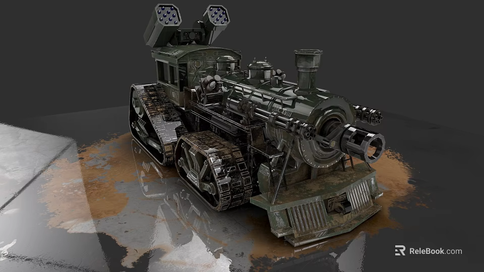 Vintage Steam Train with Tracked Wheels Military Inspired Design and Weathered Metal Details 3d model 