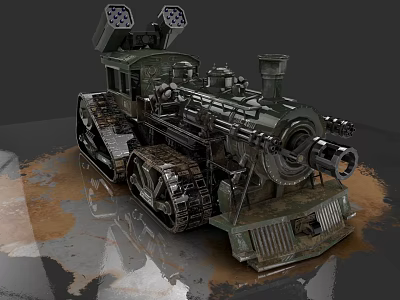 Vintage Steam Train with Tracked Wheels Military Inspired Design and Weathered Metal Details 3d model
