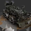 Vintage Steam Train with Tracked Wheels Military Inspired Design and Weathered Metal Details
