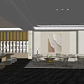 Modern Hotel Corridor Interior Design With Decorative Artwork Bookshelf Sofa And Marble Floor