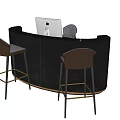 Modern Curved Dark Reception Desk With Mac Computer And Brown High Chairs With Metal Legs