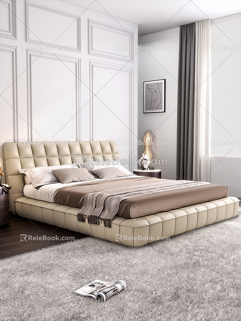 Italian Minimalist Double Bed Floor Bed Bread Bed Waffe Bed 3d model