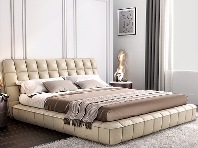 Italian Minimalist Double Bed Floor Bed Bread Bed Waffe Bed 3d model