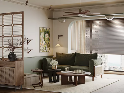 Modern Cozy Living Room Interior With Green Sofa Wooden Divider Artwork And Coffee Table 3d model