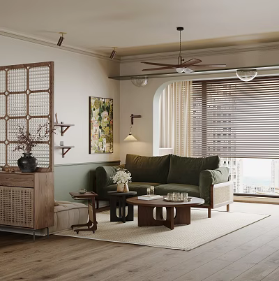 Modern Cozy Living Room Interior With Green Sofa Wooden Divider Artwork And Coffee Table 3d model
