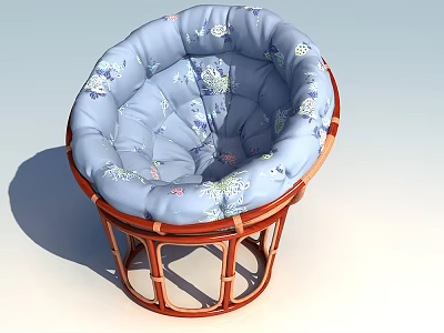 Stylish Leisure Chair With Blue Floral Pattern Cushion And Round Wooden Frame 3d model