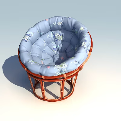 Stylish Leisure Chair With Blue Floral Pattern Cushion And Round Wooden Frame 3d model