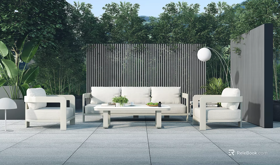 Outdoor White Sofa and Coffee Table Set With Modern Wooden Screen and Lush Greenery 3d model 
