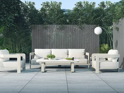 Outdoor White Sofa and Coffee Table Set With Modern Wooden Screen and Lush Greenery 3d model