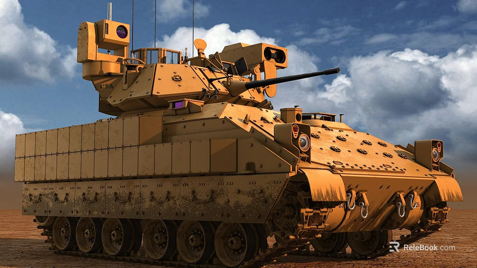 Modern Military Tank With Top Mounted Sensor And Main Cannon Under Blue Sky Clouds 3d model 