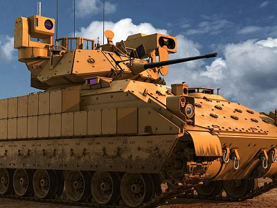 Modern Military Tank With Top Mounted Sensor And Main Cannon Under Blue Sky Clouds 3d model