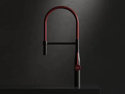 Modern Red and Black Faucet with Curved Upper Part and Black Base on Dark Countertop 3d model