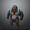 Fierce Bear Like 3D Character With Blue Decorative Outfit Ornate Tattoos And Muscular Build