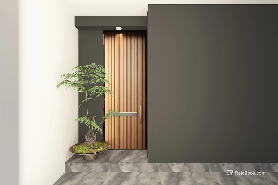 Wooden Swing Door With Silver Handle Small Glass Panel Green Plant And Gray Stone Floor 3d model 