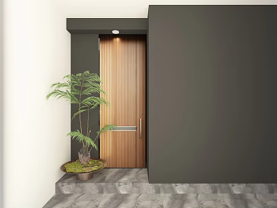 Wooden Swing Door With Silver Handle Small Glass Panel Green Plant And Gray Stone Floor 3d model