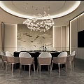 Modern Private Dining Room Interior With Circular Table Chairs And Crystal Chandelier
