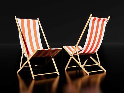 Red And White Striped Deck Chairs With Wooden Frames And Folding Design Against Black Background 3d model