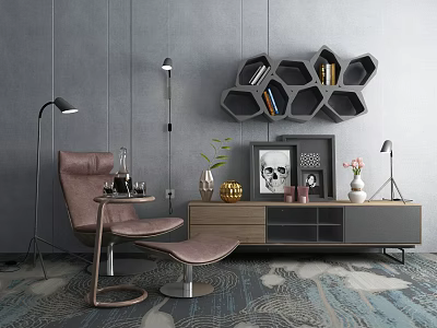 Modern Wooden Gray TV Stand In Living Room With Hexagonal Bookshelf And Decorative Items 3d model