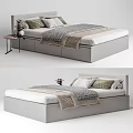 Modern Double Bed With Upholstered Headboard Soft Pillows Blanket And Nightstand