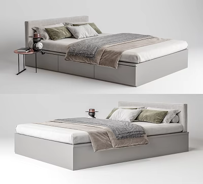 Modern Double Bed With Upholstered Headboard Soft Pillows Blanket And Nightstand 3d model