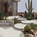 Modern Garden Landscape Design With Circular Platforms Fire Pit Seating And Cacti
