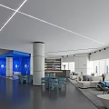Modern Leisure Area Interior With Blue Accent Wall Sofa Tables Linear Lighting And Large Windows