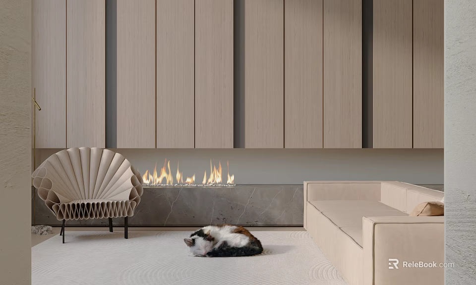 Beige Sofa Set In Modern Living Room With Fireplace Chair Cat And Wooden Wall 3d model 