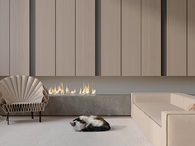 Beige Sofa Set In Modern Living Room With Fireplace Chair Cat And Wooden Wall 3d model
