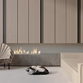 Beige Sofa Set In Modern Living Room With Fireplace Chair Cat And Wooden Wall